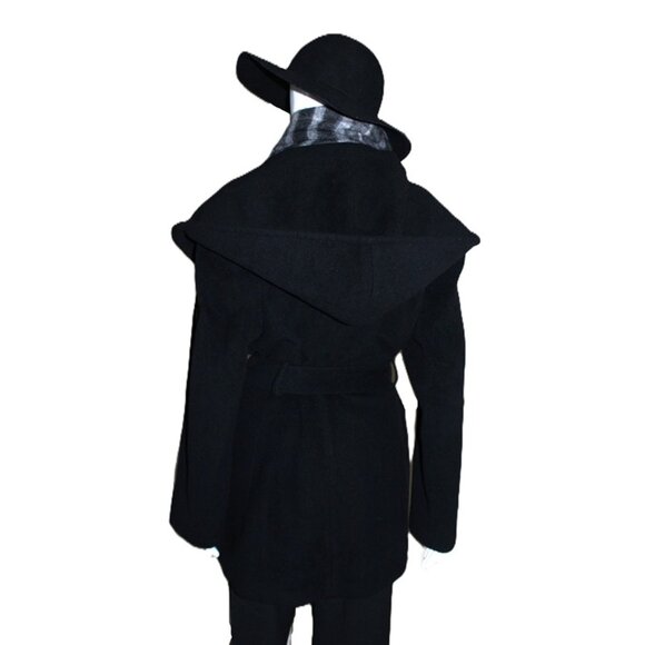 ELLEN TRACY Wool/Angora Belted & Hooded Midi Wrap Coat in Black (Large) - Picture 6 of 13